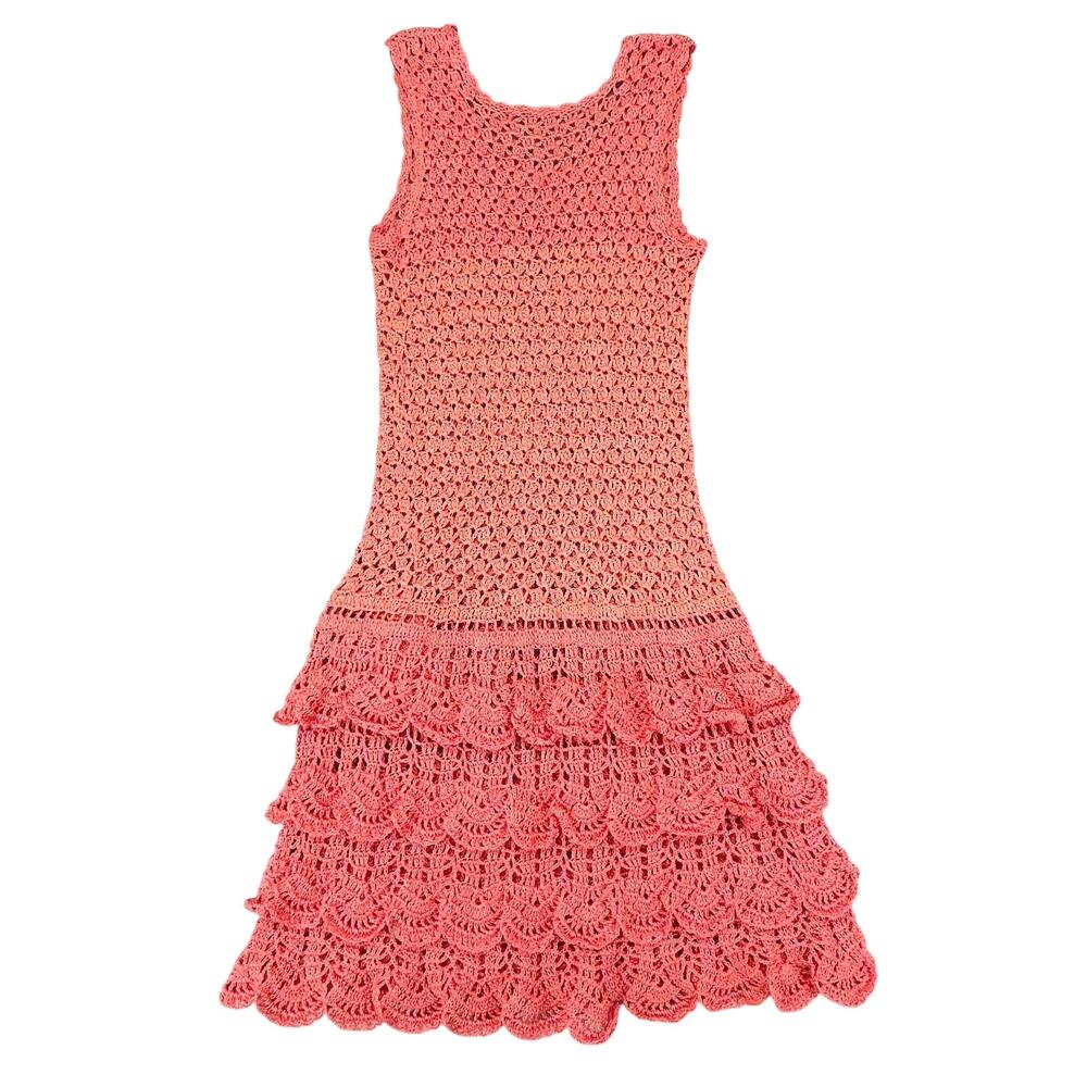 Handmade Crochet Ruffle Dress Girls Size 6 (30" Length) Pink Coral Sleeveless - Picture 3 of 13